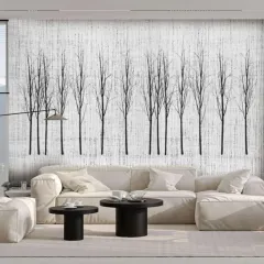 A minimalist black and white wallpaper featuring a line of bare trees. This simple yet elegant design is perfect for creating a calm and modern atmosphere.
