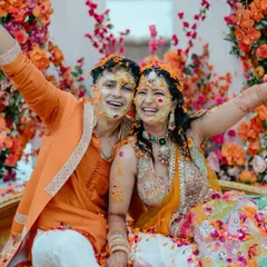 The sheer joy and abandon of a Haldi celebration. We aim to capture these priceless expressions as the couple gets lovingly covered in haldi by their friends and family.