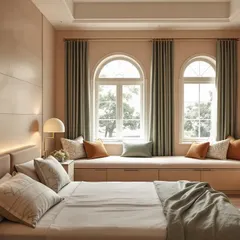 A Japandi-inspired duo of Peach Fuzz and Sage Green. The arched windows and cozy window seat bring tranquility and nature indoors.