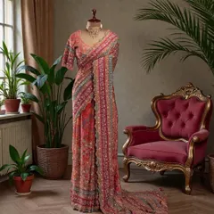 This stunning red and multi-color saree features intricate embroidery along its entire length. It's a statement piece that exudes elegance and is perfect for making an impression at any grand event.