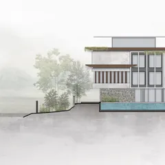 A sectional elevation of the Alibaug estate, showing how the new structure is designed to sit on the land. The design retains the character of existing structures while introducing a modern, fluid language that respects the natural contours and trees.