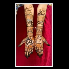 A complete baby shower mehendi design, celebrating the journey to motherhood. This full-arm design includes a mother-and-child portrait, a baby in a cradle, and cute elements like a toy train and a school bus, telling a beautiful story for the mom-to-be.