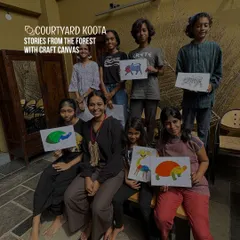 Young creators proudly display their artwork from the "Stories from the Forest" workshop. In this session, they learned the techniques of Gond art, a vibrant tribal art form from Madhya Pradesh, to tell their own visual stories.