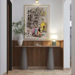 Our 3D visualization of the Villa Shai entrance. This concept shows our initial plan to create a lasting first impression with a bespoke console, curated artifacts, and a fluted wood panel to frame a unique painting.