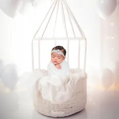 An all-white, dreamy setup to create a truly angelic portrait. Using soft textures, gentle lighting, and ethereal props like this birdcage basket, I craft a serene and timeless image of your sleeping newborn.