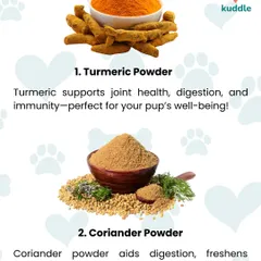 A pinch of turmeric can support joint health and digestion, while a little coriander powder can aid immunity. This graphic shows two simple, kitchen-friendly additions to make food more appealing.