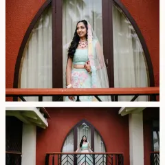 A diptych of the bride on her wedding day in Goa, showing a close-up on the balcony and a wider shot that captures the beautiful architecture.