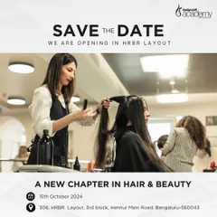 The official "Save the Date" announcement for the grand opening of our HRBR Layout academy, marking a new chapter in hair and beauty education.