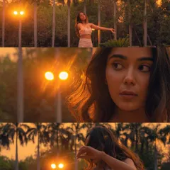 A collage showing different moods and poses from a golden hour shoot. I often use creative angles, like shooting through street lights, to add a dreamy, artistic flair to my portraits.