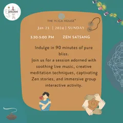 Join us for a Zen Satsang, a 90-minute session of pure bliss. This experience is adorned with soothing live music, creative meditation techniques, and captivating Zen stories.