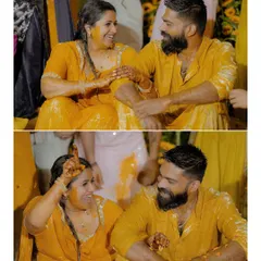 A collage of pure Haldi happiness. These candid shots show the couple's playful interaction and genuine laughter as they are covered in turmeric paste.