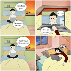 Your funny, endearing moments make the best art. This custom comic strip illustrates a relatable long-distance relationship moment, turning a memory into a story you can keep forever.