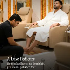 Self-care is for everyone. Here, a client enjoys a luxe pedicure, complete with a foot soak and massage, leaving him feeling relaxed and refreshed. It’s a grooming essential for the modern man.