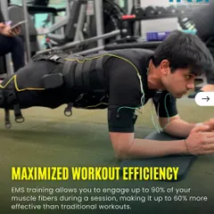 EMS training maximizes workout efficiency by engaging up to 90% of your muscle fibers in a single session. This makes it significantly more effective than traditional workouts for building strength and toning your body.