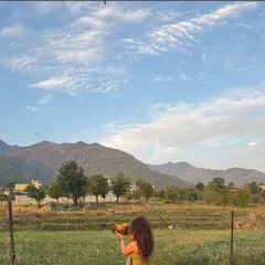I believe that healing is deeply connected to nature. This moment, captured during one of our retreats, shows me with a Tibetan singing bowl against the backdrop of the mountains, a practice of gratitude and surrender. It represents my philosophy of taking our healing practices out of the studio and into the world to connect with the earth's energy.