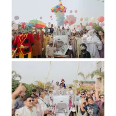 The grand, carnival style entry of Mani and Monika at their Jim Corbett haldi. The auto rickshaw, clowns, and colorful balloons set the tone for a fun and unique celebration.