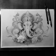 A majestic portrait of Lord Ganesha surrounded by floral patterns. This is a more decorative style, perfect for creating a serene and beautiful focal point in a room.