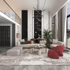 We design expansive, light-filled living rooms that serve as the perfect backdrop for your life's stories. This space combines modern furniture, high ceilings, and a neutral palette with pops of colour to create a sophisticated yet welcoming environment.