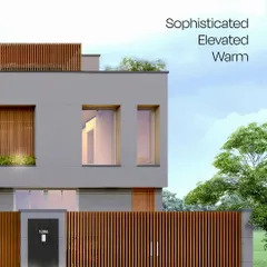 This view highlights the sophisticated and warm aesthetic of the villa, with vertical wood slats creating a secure yet elegant boundary. The design emphasizes clean lines and a minimalist color palette for a timeless look.