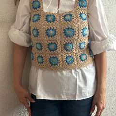 Here’s how one of my clients styled my granny square vest. I love seeing how you make my pieces your own. This vest is versatile enough to layer over a shirt for a chic look or wear by itself.