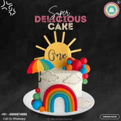 Celebrate a sunny first birthday with this cheerful rainbow cake. It features a bright sun topper, a colorful rainbow, and an umbrella, creating a happy and vibrant design for a special milestone.