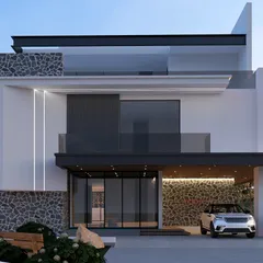 A modern villa design that combines white plaster, natural stone walls, and extensive glazing. The cantilevered upper floor and covered carport create a functional and visually layered exterior.