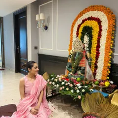 A candid moment beside our beautiful Ganpati decoration. My goal for festive home-wear is always comfort paired with grace.