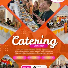 This graphic summarizes our promise: artfully crafted dishes, elegant table service, and seamless catering for weddings, corporate events, and private parties.