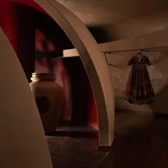 An arched threshold at the House of Masaba reveals a glimpse of a vibrant red interior, a nod to bridal sindoor. This interplay of color and form adds layers of meaning and discovery to the retail experience.