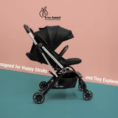 A side-profile shot of the R for Rabbit stroller, showcasing its sleek design and features against a modern, two-tone background.