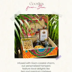For a Goa wedding, we can create personalized hampers infused with coastal charm, featuring local delights like feni and premium cashews in a hand-painted box.