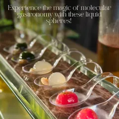 Experience the magic of molecular gastronomy with these liquid spheres. This image shows a variety of flavours, including litchi, rose, and paan, each offering a surprising burst of liquid flavour in your mouth.