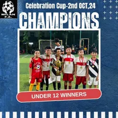 Champions of the Celebration Cup 2024. Our Under-12 team proudly displays their trophy after a hard-fought tournament. We train our players not just to compete, but to win.