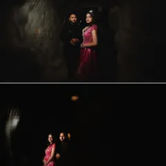 A moody and mysterious diptych of the couple posing in a dark, cave-like setting, their outfits providing a pop of color.
