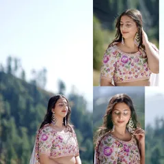 This collage focuses on capturing solo bridal portraits outdoors. We teach posing techniques that feel natural and elegant, using the soft mountain light to highlight the intricate details of the Mehandi outfit and the bride's serene expression.