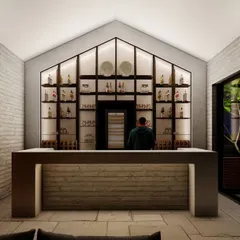 A direct look at the proposed bar for the penthouse terrace lounge. The design features a clean, minimalist counter and a distinctive house-shaped, back-lit shelving unit that creates a strong focal point, even in a compact space.