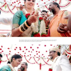 A collage of key moments from a South Indian wedding ceremony, showing the exchange of garlands and the joyful interactions between the bride and groom.