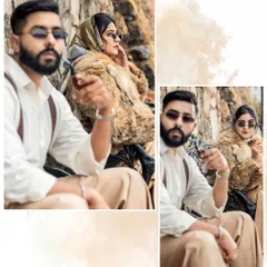 A stylish collage with a vintage, editorial feel. The couple's classic outfits, complete with sunglasses and a fur coat, create a look of old-world glamour and sophistication.