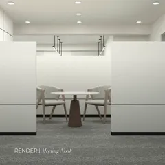 A 3D render of a minimalist meeting nook. This visualization helped us perfect the proportions of the partitions, the choice of furniture, and the lighting, creating a concept for a serene, focused space.