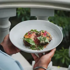 Baked portobello mushrooms with a sweet onion puree, flavor-intense pesto, and sourdough crumbs. A delightful medley of comfort and cultures.