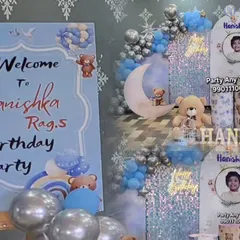 This image shows the welcome sign and a collage view of the teddy bear party decorations.
