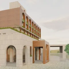 A closer view of the upcoming project, detailing the interplay between the heavy, light-colored base and the contrasting upper volume, with repeated arches creating a strong visual identity.
