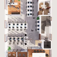 This is a 3D floor plan for the Global Estates commercial project. The layout is designed for a modern, collaborative workspace with open-plan seating, private cabins, and a conference room, all optimized for natural light.