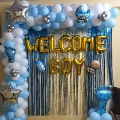 A full view of the "Welcome Boy" home decoration. This angle shows the entire balloon frame, foil letter arrangement, and character balloons that complete the festive look for your newborn's arrival.