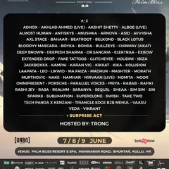 The lineup for Spacetech Festival 3.0 in Kullu. This festival is a highlight of the year, bringing an incredible mix of artists to a beautiful location in the mountains.
