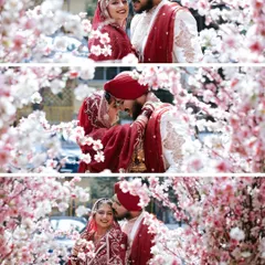 A romantic escape into a floral wonderland. This series of portraits captures the Sikh couple sharing intimate moments amidst beautiful pink blossoms.
