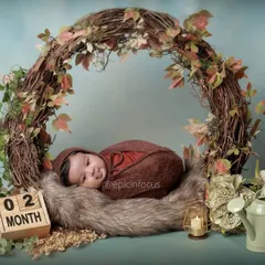 This two-month-old baby is nestled in a rustic, vine-covered wreath. We use natural elements and soft textures to create serene and artistic newborn portraits.