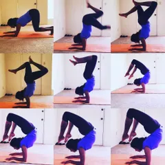 The journey to an advanced pose like Vrischikasana (Scorpion Handstand) is a step by step process. This collage shows the progression, from building foundational forearm strength to finding the final balance.