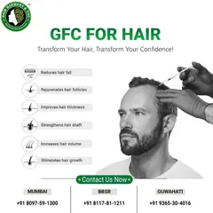 GFC therapy is a science-backed treatment that delivers multiple benefits. This graphic highlights how it reduces hair fall, rejuvenates follicles, improves hair thickness, and strengthens the hair shaft to give you fuller, healthier hair.