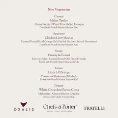 A festive Christmas non-vegetarian menu designed in collaboration with Chefs-à-Porter, featuring Duck à l'Orange and paired with Fratelli wines.